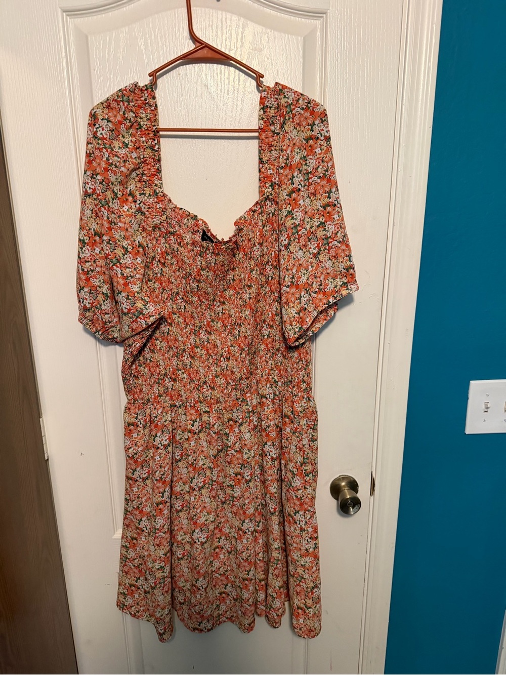Rebdolls Coral Floral Smocked Square-Neck Midi Dress